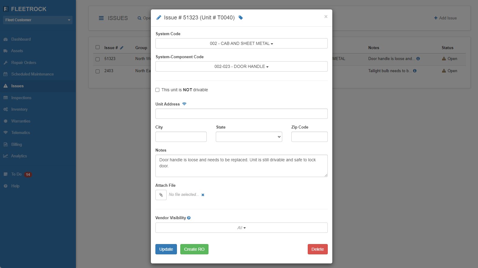 Vehicle Issue Tracking Software Screenshot